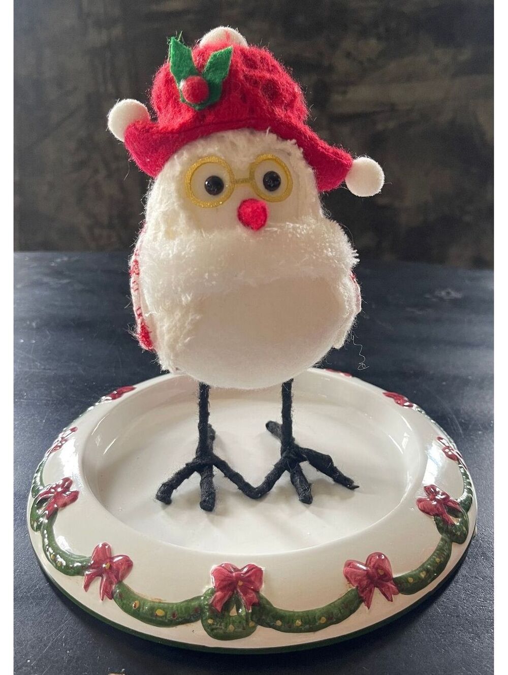 Christmas Bird Figurine with Red Knitted Hat with PomPoms